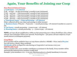 Again, Your Benefits of Joining our Coop
Zero Percent Interest Loans
1. Cash loans – 0 % interest
P 5K – 1st loan – 20 days processing/ 3 months to pay (minimum)
P 10K – 2nd loan – 7 days processing/ 3 months to pay (minimum)
P 20K – 3rd loan – 7 days processing/ 3 months to pay (minimum)
P 40K – 4th loan – 7 days processing/ 5 months to pay (minimum)
P 50K – 5th loan – 7 days processing/ 5 months to pay (minimum)
2. Emergency loans – 2 days processing – 0% interest
(Note: collateral will be your share and earnings in dollar income)
3. Business loans: P 80,000 – P 500,000 – 1 month processing – 0% interest 6 months to 2 years to
pay
4. Car loans: 1 month processing – 3 years to pay – 0% interest
5. Housing loans: 1 month processing – 3 – 5 years to pay – 0% interest

NOTE: 1st Loan 5K pre-qualification, within 20 days processing your 2 direct should have also 2 direct
referral. Your Guarantor will be your network. Processing fee = 300 pesos; all loans subject to 1% per
month interest on delinquent payment)

Coop Share
Every member will be entitled to have 22 coop shares valued at 1 SHARE = P100, total of P2,200
You will receive a Stock/ share certificate
Dividends will be on Equal Pro-rata sharing on Cooperative’s net income every year.
GDB Wealth Fund
When a member dies, every member contributes as assistance to the family. Every member will be
automatically deducted from members wealth fund
Example: 5,000 members x $ 2 = $ 10,000, Maximum given to a family beneficiary is $ 20,000
                                     Register now: Contact 09392369981
                                            jdb.ecoop@gmail.com
 