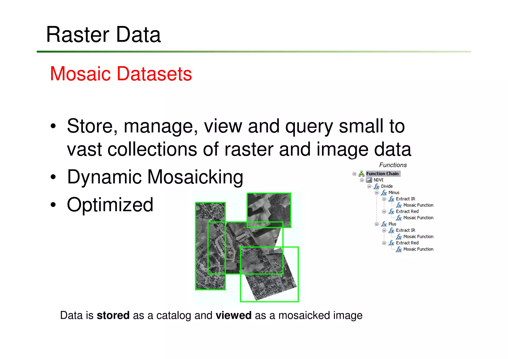 Raster Data
Mosaic Datasets

• Store, manage, view and query small to
  vast collections of raster and image data
• Dynamic Mosaicking
• Optimized




 Data is stored as a catalog and viewed as a mosaicked image
 