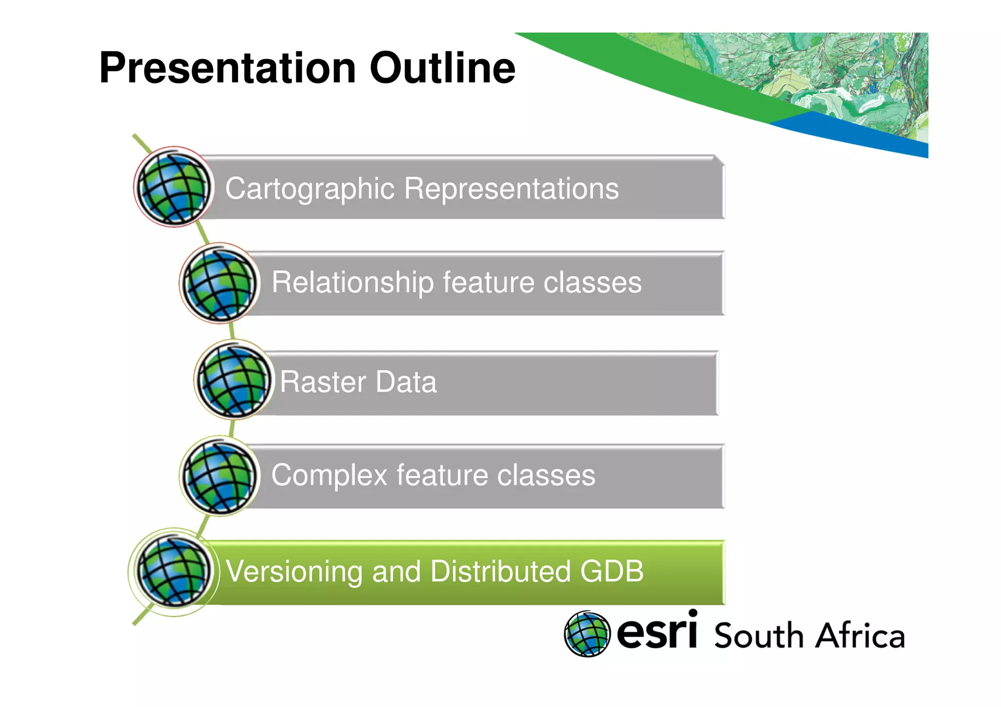 Presentation Outline

      Cartographic Representations


         Relationship feature classes


         Raster Data


         Complex feature classes


      Versioning and Distributed GDB
 