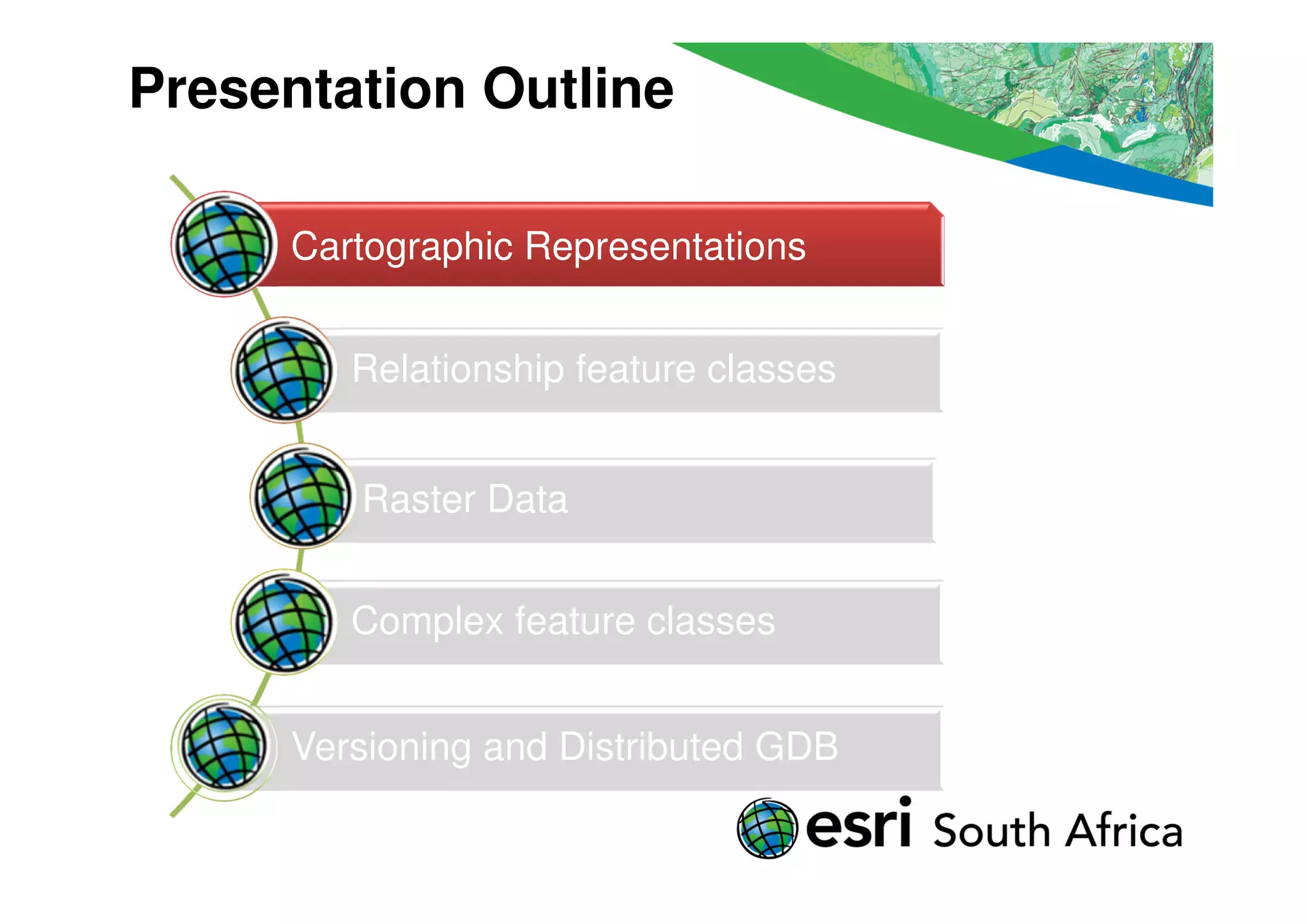 Presentation Outline

     Cartographic Representations


        Relationship feature classes


        Raster Data


        Complex feature classes


     Versioning and Distributed GDB
 