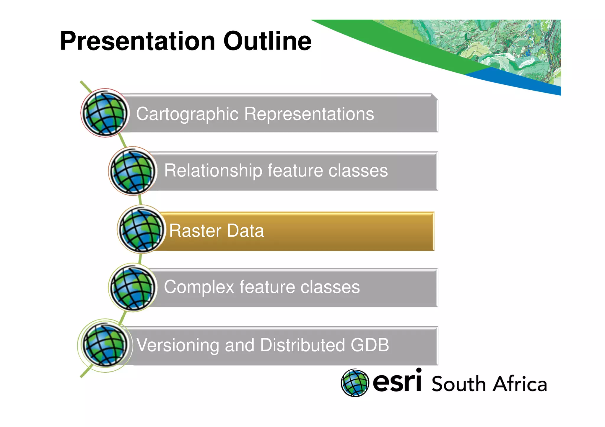 Presentation Outline

      Cartographic Representations


         Relationship feature classes


         Raster Data


         Complex feature classes


      Versioning and Distributed GDB
 