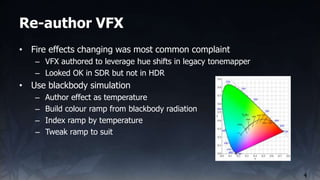 Re-author VFX
4
• Fire effects changing was most common complaint
– VFX authored to leverage hue shifts in legacy tonemapp...