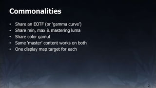 Commonalities
2
• Share an EOTF (or ‘gamma curve’)
• Share min, max & mastering luma
• Share color gamut
• Same ‘master’ c...