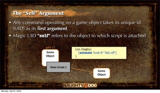 The “Self” Argument
       • Any command operating on a game object takes its unique id
         (UID) as its ﬁrst argument
       • Magic UID "self" refers to the object to which script is attached

                                         gate‐17
                                                             (on (begin)
                                         Game                  [animate "lock-6" "fall-off"]
                                         Object              )


                                            State Script 1                    lock‐6
                                                                             Game 
                                                                             Object


       Game Developers Conference 2009                                                         27
Monday, April 6, 2009
 