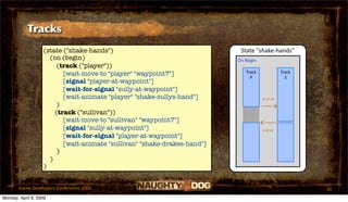 Tracks
                   (state ("shake-hands")                                  State "shake‐hands"
                     (on (begin)                                          On Begin
                        (track ("player"))
                          [wait-move-to "player" "waypoint7"]                Track           Track
                                                                               P               S
                          [signal "player-at-waypoint"]
                          [wait-for-signal "sully-at-waypoint"]
                          [wait-animate "player" "shake-sullys-hand"]                p‐a‐w
                        )
                       (track ("sullivan"))
                          [wait-move-to "sullivan" "waypoint7"]
                          [signal "sully-at-waypoint"]                               s‐a‐w
                          [wait-for-signal "player-at-waypoint"]
                          [wait-animate "sullivan" "shake-drakes-hand"]
                        )
                     )
                   )


       Game Developers Conference 2009                                                               30
Monday, April 6, 2009
 