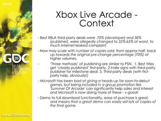 Xbox Live Arcade - Context <ul><li>- Best XBLA third-party deals  were  70% (developer) and 30% (publisher),  were  allege...