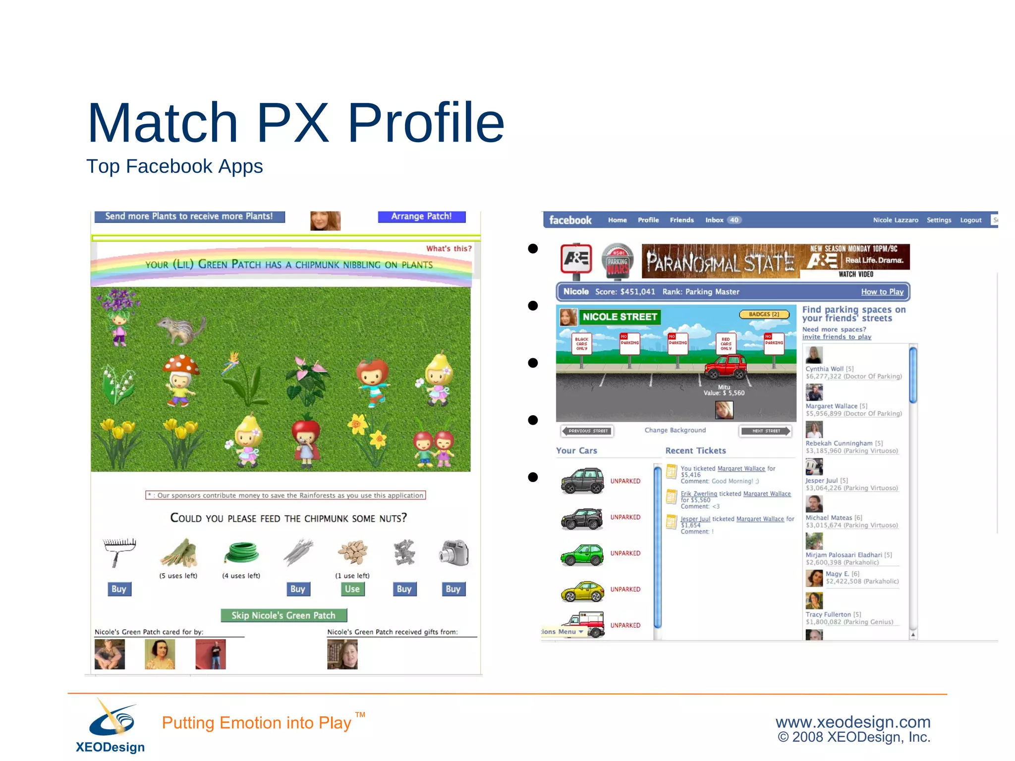 Match PX Profile Top Facebook Apps 1: Slide Brand 21,410,050 11% 2: Top Friends 2 19,091,190 9% 3: Super Wall 18,918,652 8% 4: Bumper Sticker Footer 10,892,138 11% 5: (Lil) Green Patch 5,671,964 33% Friendship Compare Sending messages Saving environment Poker 