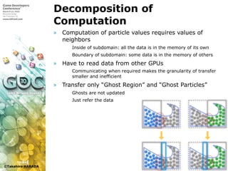 ©Takahiro HARADA
Decomposition of
Computation
» Computation of particle values requires values of
neighbors
 Inside of subdomain: all the data is in the memory of its own
 Boundary of subdomain: some data is in the memory of others
» Have to read data from other GPUs
 Communicating when required makes the granularity of transfer
smaller and inefficient
» Transfer only “Ghost Region” and “Ghost Particles”
 Ghosts are not updated
 Just refer the data
 