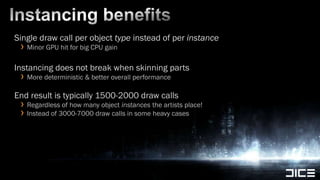 Instancing benefitsSingle draw call per object type instead of per instanceMinor GPU hit for big CPU gainInstancing does not break when skinning partsMore deterministic & better overall performanceEnd result is typically 1500-2000 draw callsRegardless of how many object instances the artists place!Instead of 3000-7000 draw calls in some heavy cases