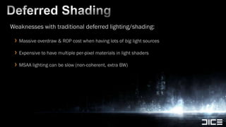 Deferred ShadingWeaknesses with traditional deferred lighting/shading:Massive overdraw & ROP cost when having lots of big light sourcesExpensive to have multiple per-pixel materials in light shadersMSAA lighting can be slow (non-coherent, extra BW)