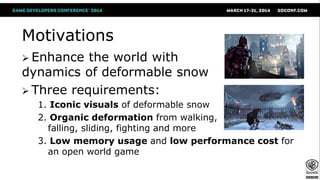 Motivations
 Enhance the world with
dynamics of deformable snow
 Three requirements:
1. Iconic visuals of deformable snow
2. Organic deformation from walking,
falling, sliding, fighting and more
3. Low memory usage and low performance cost for
an open world game
 