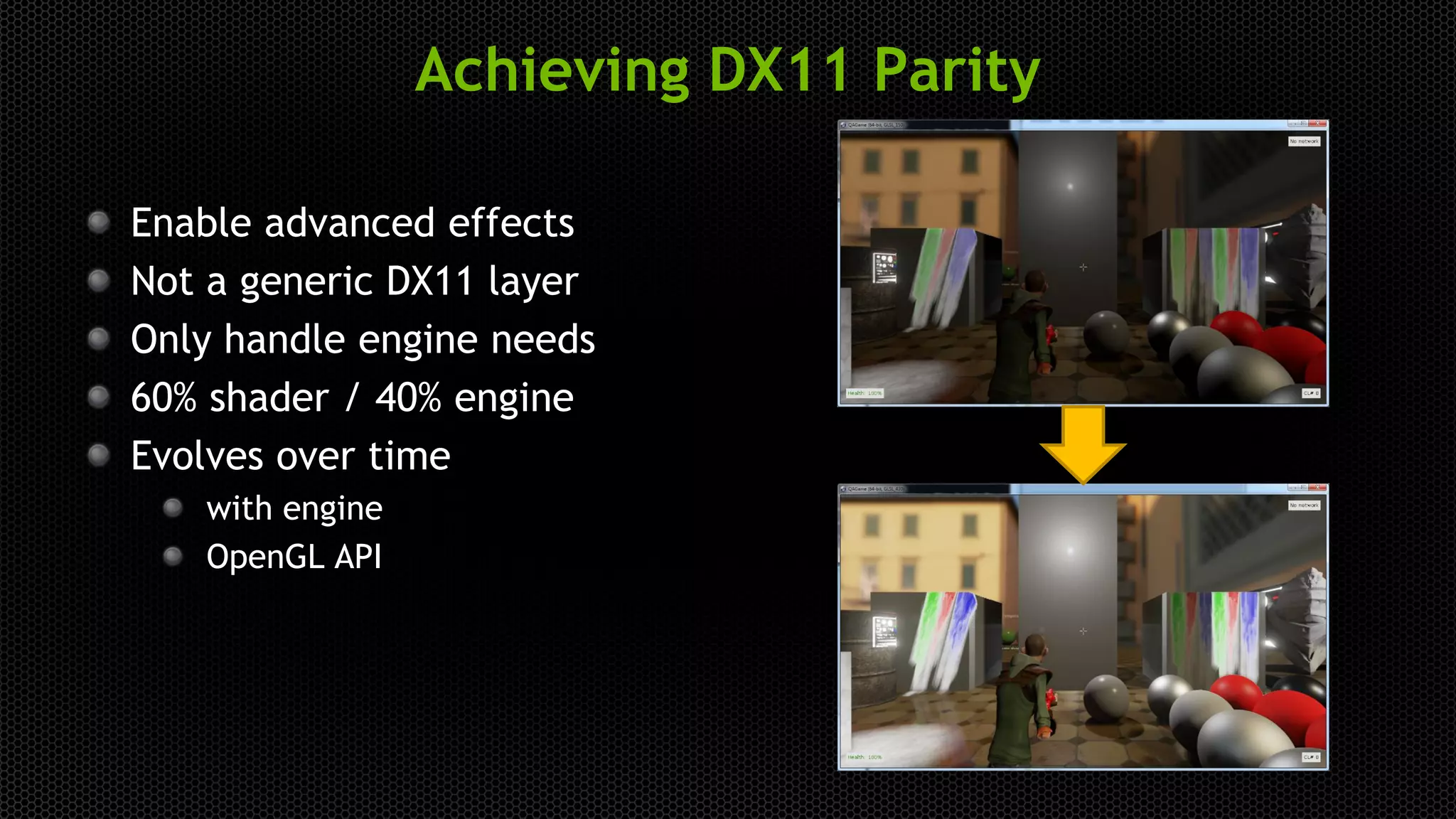 Achieving DX11 Parity
Enable advanced effects
Not a generic DX11 layer
Only handle engine needs
60% shader / 40% engine
Evolves over time
with engine
OpenGL API
 