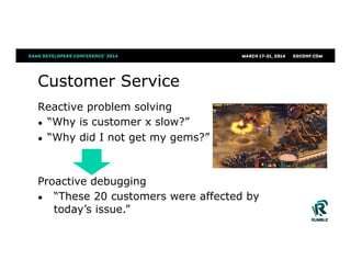 Customer Service
Reactive problem solving
●  “Why is customer x slow?”
●  “Why did I not get my gems?”
!
Proactive debugging
●  “These 20 customers were affected by
today’s issue.”
 