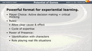 Powerful format for experiential learning.
• Player Choice: Active decision making = critical
thinking
• Rules:
• Allow cl...