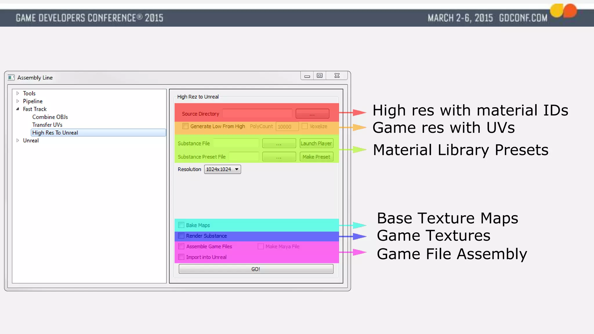 High res with material IDs
Game res with UVs
Material Library Presets
Base Texture Maps
Game Textures
Game File Assembly
 