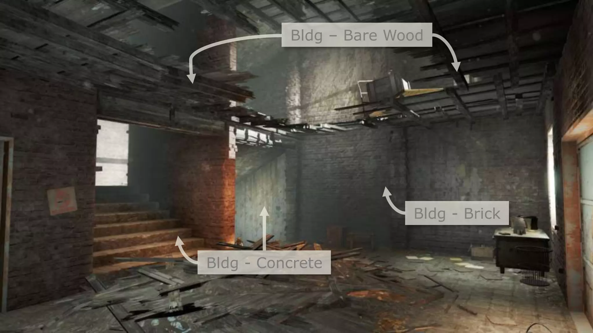 Bldg - Brick
Bldg - Concrete
Bldg – Bare Wood
 