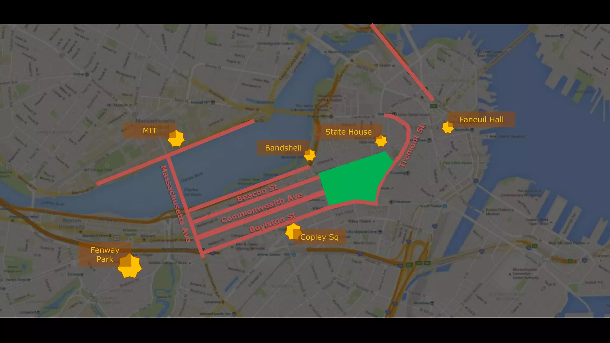 Bandshell
MIT
Fenway
Park
Copley Sq
State House
Faneuil Hall
 