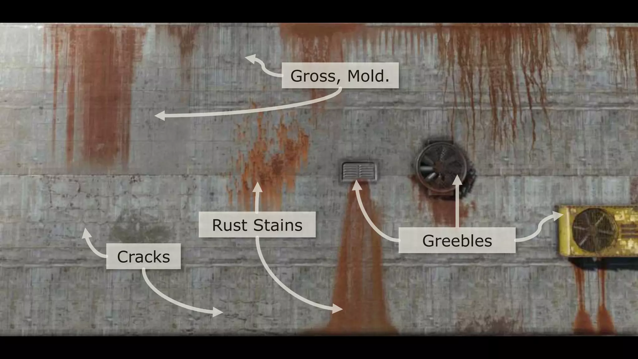 Cracks
Gross, Mold.
Greebles
Rust Stains
 