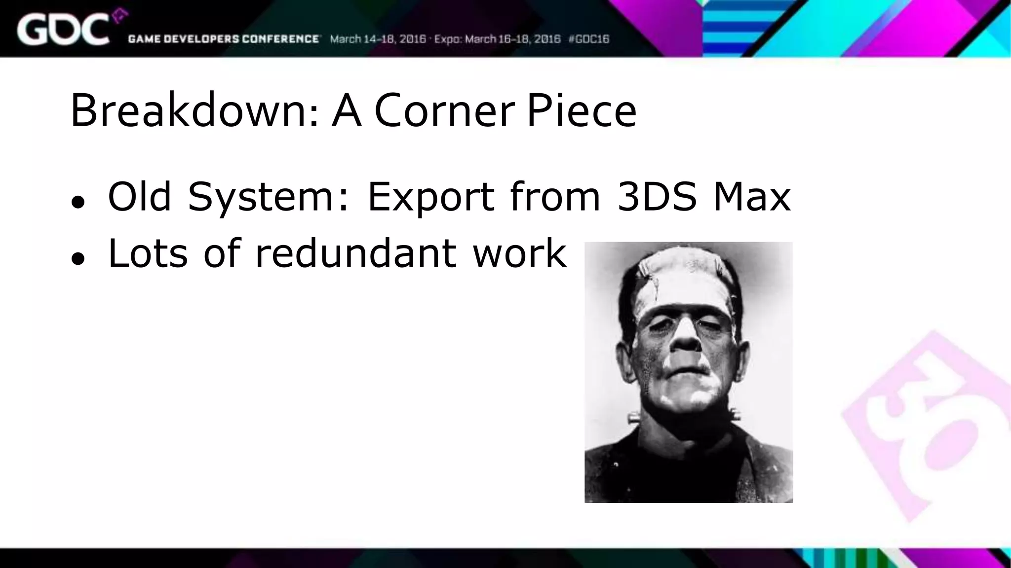 Breakdown: A Corner Piece
● Old System: Export from 3DS Max
● Lots of redundant work
 