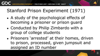 Stanford Prison Experiment (1971)
●  A study of the psychological effects of
becoming a prisoner or prison guard
●  Conducted by Philip Zimbardo with a
group of college students
●  Prisoners ‘arrested’ at their homes, driven
to prison, processed, given jumpsuit and
assigned an ID number
 