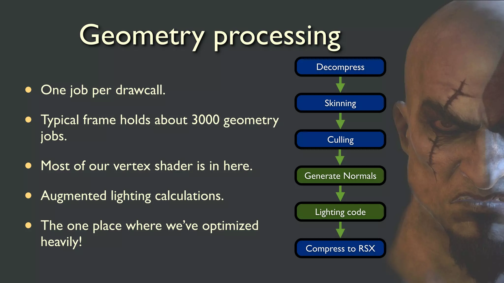 Geometry processing
• One job per drawcall.
• Typical frame holds about 3000 geometry
jobs.
• Most of our vertex shader is in here.
• Augmented lighting calculations.
• The one place where we’ve optimized
heavily!
Decompress
Skinning
Culling
Generate Normals
Lighting code
Compress to RSX
 