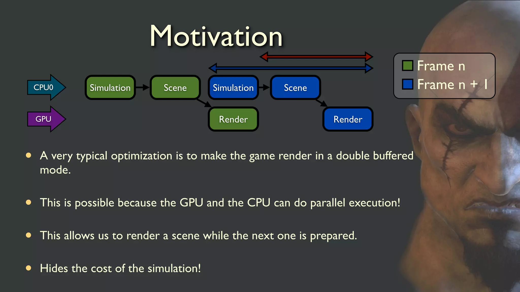 Motivation
• A very typical optimization is to make the game render in a double buffered
mode.
• This is possible because the GPU and the CPU can do parallel execution!
• This allows us to render a scene while the next one is prepared.
• Hides the cost of the simulation!
Simulation Scene
Render
Simulation Scene
Render
Frame n
Frame n + 1CPU0
GPU
 