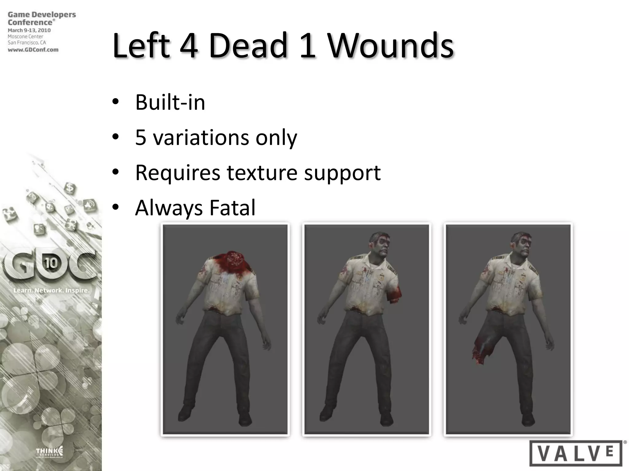 Left 4 Dead 1 Wounds
•   Built-in
•   5 variations only
•   Requires texture support
•   Always Fatal
 