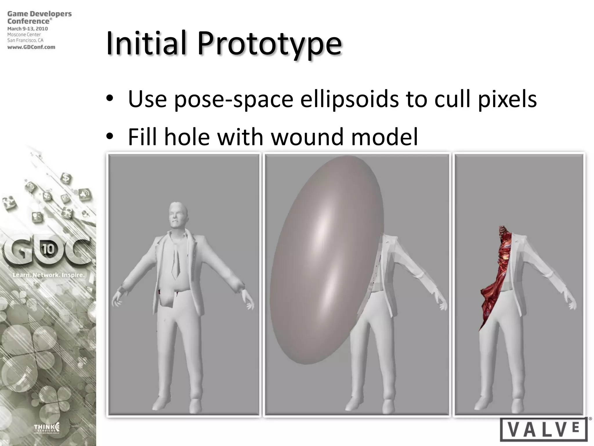 Initial Prototype
• Use pose-space ellipsoids to cull pixels
• Fill hole with wound model
 