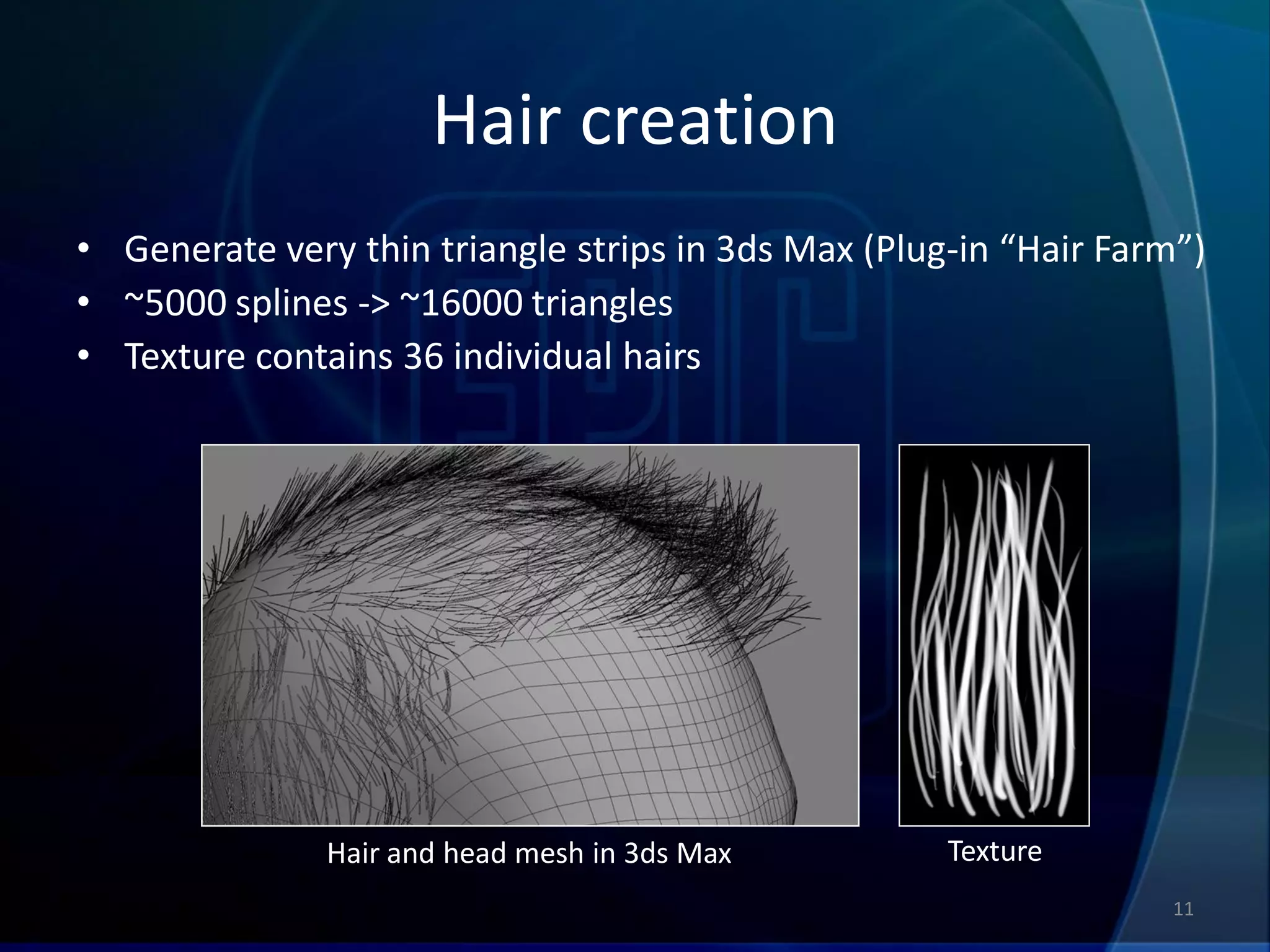 Hair creation
• Generate very thin triangle strips in 3ds Max (Plug-in “Hair Farm”)
• ~5000 splines -> ~16000 triangles
• Texture contains 36 individual hairs




               Hair and head mesh in 3ds Max         Texture
                                                                  11
 
