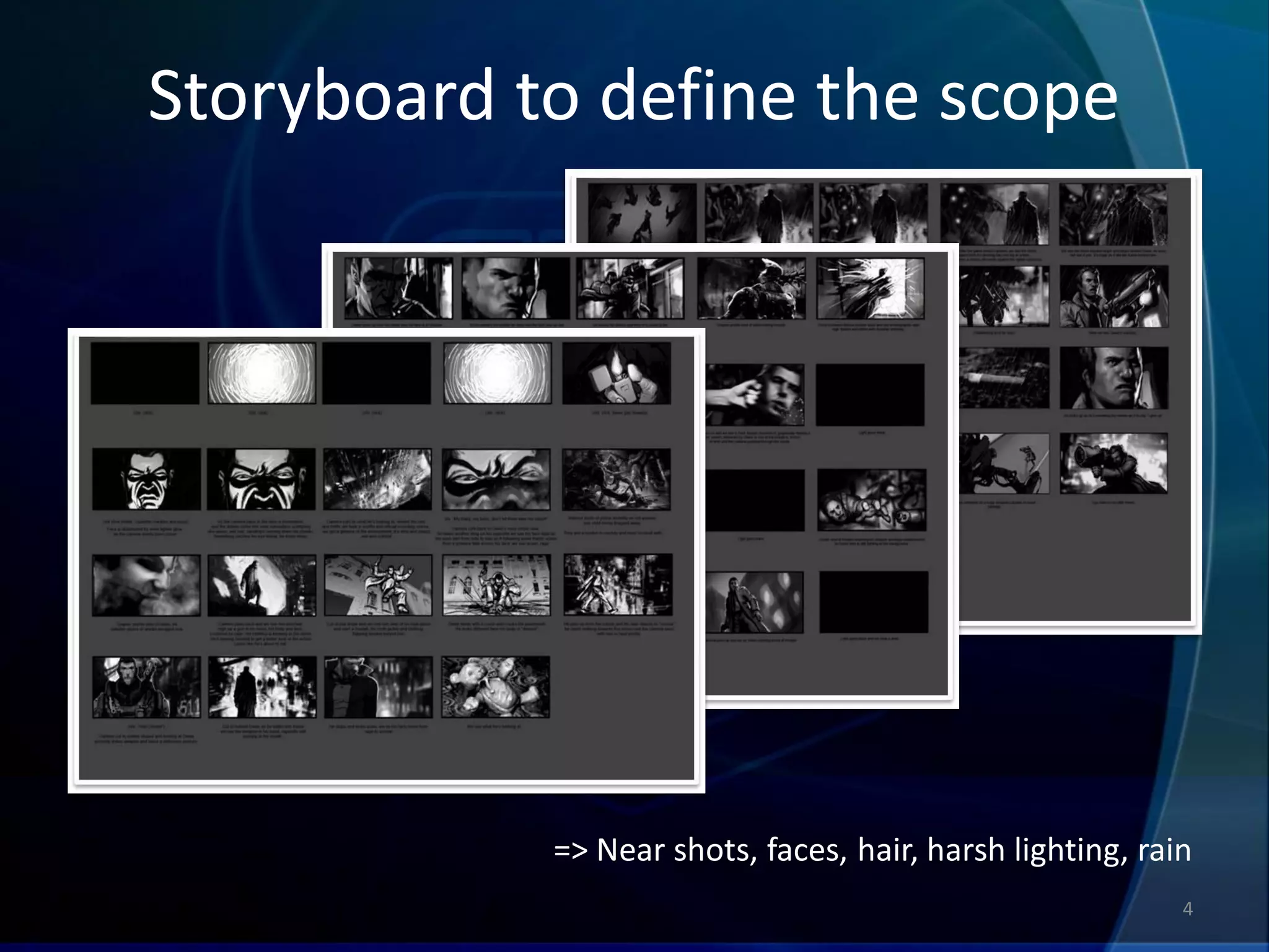 Storyboard to define the scope




            => Near shots, faces, hair, harsh lighting, rain
                                                           4
 