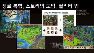 캐주얼 퍼즐 게임에
                                          빌류의 커스터마이즈,
                                          스토리와 캐릭터를 도입한
                                          <Gardens of Time>




캐주얼 퍼즐 게임 플레이에
     월드 맵과 퀘스트,
  소셜 그래프를 잘 엮은
  <Bubble Witch Saga>



                        빌류의 플레이를 유지하면서
                           그래픽 품질을 높이고,
                           퀘스트와 월드 맵에서
                          랜덤 인카운터를 추가한
                                  <캐슬빌>
 