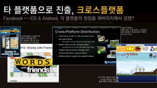 Facebook ↔ iOS & Android, 각 플랫폼의 장점을 레버리지해서 경쟁?
양방향 모두 사례가 있지만, GDC에서는 Facebook 게임 개발사가 모바일로 진출하는 사례가 우세한 것으로 보임

                                                                            개발 단계부터
                                                                            페이스북, 구글 플러스, iOS에서
                                                                            같이 플레이 가능하도록 기획한
                                                                            <Crime City>
          스마트폰에서 성공한 후,
          페이스북에 옮겨와
          큰 성공을 거둔 징가의
          <Words with Friends>




                                                       iOS 게임 성공의 신화,
                                                         <Angry Birds> 역시
                                                        올해 페이스북에 런칭
 