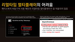 페이스북의 비동기적 사용 패턴과 리얼타임 멀티플레이가 잘 어울리지 않음
반대로, 프라이버시 관리가 어려운 페이스북 특성상 모르는 사람과 게임을 위해 친구를 맺는다는 것은 큰 부담




     <Gunshine.net>의 포스트모템, <Army Attack!>의 포스트모템 등에 의하면   리얼타임 PvP를 표방한 <Tetris Battle>도 실제로 사람과 플레이하는 게 아니라
     페이스북 유저 성향에 리얼타임 코옵 플레이는 페이스북에 썩 어울리지 않았다             기록된 리플레이와 대전하는 방식이고, 게임 디자인이 대응해야만 했음




                                                                                   좌) Rich Social Gameplay: Gunshine.net Postmortem, GDC2012
                                                                       우) Tetris Battle: Creating Multiplayer Games on Social Platforms, GDC2012
 