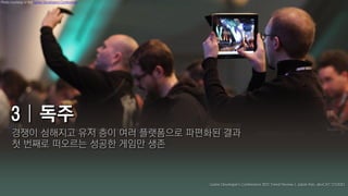 Photo courtesy of the Game Developers Conference




      경쟁이 심해지고 유저 층이 여러 플랫폼으로 파편화된 결과
      첫 번째로 떠오르는 성공한 게임만 생존



                                                   Game Developer's Conference 2012 Trend Review | Jubok Kim, devCAT STUDIO
 