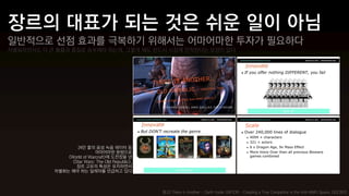 일반적으로 선점 효과를 극복하기 위해서는 어마어마한 투자가 필요하다
차별화하면서도 더 큰 볼륨과 품질로 승부해야 하는데, 그렇게 해도 반드시 시장에 안착한다는 보장이 없다




                   24만 줄의 음성 녹음 데이터 등
                            어마어마한 분량으로
               <World of Warcraft>에 도전장을 낸
                 <Star Wars: The Old Republic>,
                   장르 고유의 특성은 유지하면서
           차별화는 해야 하는 딜레마를 언급하고 있다



                                                  참고) There is Another… Darth Vader SWTOR – Creating a True Competitor in the AAA MMO Space, GDC2012
 