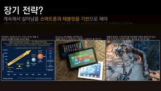 계속해서 살아남을 스마트폰과 태블릿을 기반으로 해야
 태블릿은 PC를 대신해서 사양이 계속해서 높아질 것이고, 결국 현재 PC 게임 수준을 따라잡게 될 것, 터치 환경에 대한 고려가 필수




인터넷이 가능한 비-PC 기기는 PC의 10배 수   Windows 8의 발매는 본격적으로              태블릿 환경은 스마트폰처럼 캐주얼한 게임만 올라가지 않고
이상의 규모를 차지할 것으로 예상            태블릿 중심 PC 환경으로 이행하는 신호탄이 될 것인가?   점차 PC의 하드코어한 게임도 흡수해 갈 것으로 예상
 
