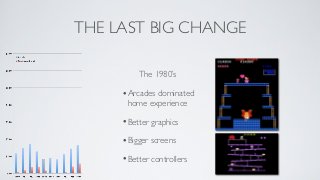 THE LAST BIG CHANGE

         The 1980’s

     •Arcades dominated
      home experience

     •Better graphics
     •Bigger screens
     •Better controllers
 