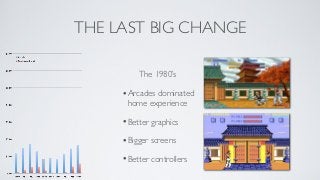 THE LAST BIG CHANGE

         The 1980’s

     •Arcades dominated
      home experience

     •Better graphics
     •Bigger screens
     •Better controllers
 