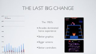 THE LAST BIG CHANGE

         The 1980’s

     •Arcades dominated
      home experience

     •Better graphics
     •Bigge...