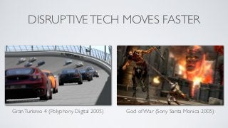 DISRUPTIVE TECH MOVES FASTER




Gran Turismo 4 (Polyphony Digital 2005)   God of War (Sony Santa Monica 2005)
 