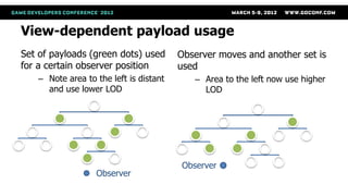 View-dependent payload usage
Set of payloads (green dots) used       Observer moves and another set is
for a certain observer position         used
   – Note area to the left is distant      – Area to the left now use higher
     and use lower LOD                       LOD




                                        Observer
                  Observer
 