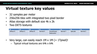 Virtual texture key values
•   32 samples per meter
•   256x256 tiles with integrated two pixel border
•   Atlas storage with default size 4k x 2k
•   Two DXT5 textures
    R           G           B           A          R             G          B          A
    Diffuse R   Diffuse G   Diffuse B   Normal X   Smoothness/   Normal Y   Specular   Normal Z
                                                   Destruction




• Very large, can easily reach 1M x 1M (= 1Tpixel)!
     – Typical virtual textures are 64k x 64k
 