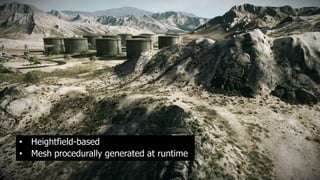 • Heightfield-based
• Mesh procedurally generated at runtime
 