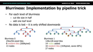 Blurriness: Implementation by pipeline trick
• For each level of blurriness
      – cut tile size in half
      – add one leaf level
• No data is lost – it is only shifted downwards




Blurriness 0                     Blurriness 1
 256x256-sized tiles              128x128-sized tiles
 8 resident tiles (500kpixel)     14 nodes added
 13 nodes                         10 resident tiles (164kpixel, saves 68%)
                                  27 nodes
 