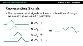 Representing Signals
●   We represent most signals as linear combinations of things
    we already know, called a projection


                      ×    𝛼0 +
                      ×    𝛼1 +   =
                      ×    𝛼2 +
                      ×    𝛼3 + ⋯
 