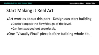Start Making It Real Art
●Art worries about   this part - Design can start building
  ●Doesn't impact the flow/design of the level.
  ●Can be swapped out seamlessly.

●One “Visually Final” piece before    building whole kit.
 