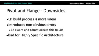 Pivot and Flange - Downsides
●LD build process is more linear
●Introduces non-obvious errors
 ● Be aware   and communicate this to LDs
●Bad   for Highly Specific Architecture
 