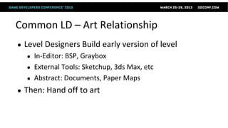 Common LD – Art Relationship
●   Level Designers Build early version of level
    ●   In-Editor: BSP, Graybox
    ●   External Tools: Sketchup, 3ds Max, etc
    ●   Abstract: Documents, Paper Maps
●   Then: Hand off to art
 