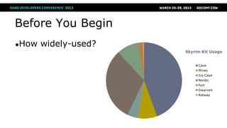 Before You Begin
●How   widely-used?
                      Skyrim Kit Usage


                           Cave
                           Mines
                           Ice Cave
                           Nordic
                           Fort
                           Dwarven
                           Ratway
 