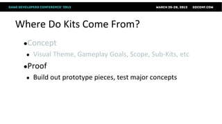 Where Do Kits Come From?
 ●Concept
  ●   Visual Theme, Gameplay Goals, Scope, Sub-Kits, etc
 ●Proof
  ●   Build out prototype pieces, test major concepts
 